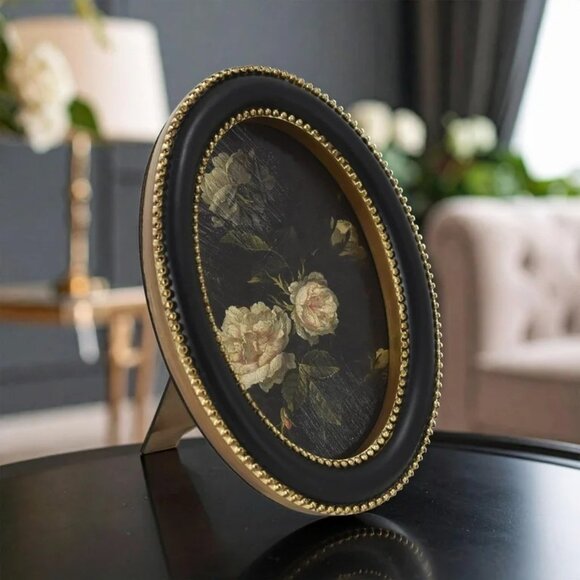 Home Decor Collection Black Wall Art, White Rose with Gold Beaded Frame 6x8 - Picture 2 of 8